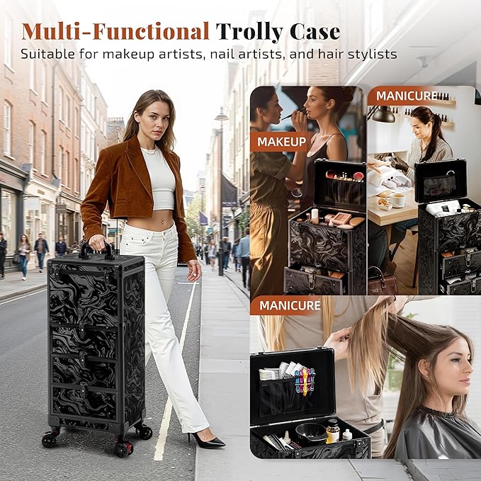 Rolling Makeup Train Case with 3 Drawers, Nail Trolley Cart Salon Station Cosmetology Case on Wheels Organizer Cases for Nail Tech,SPA,Face Painting,Hairstylist,Makeup Artist (Ink Black) - Image 5