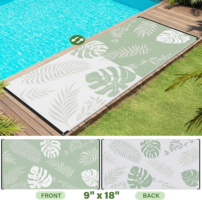 GOTGELIF Massive Outdoor Patio Rug - 9x18FT, Reversible & Water-Resistant & Wear-Resistant & Plastic Straw Outdoor Area Rug for Patio & Camping & RV - Green Leaf - Image 2