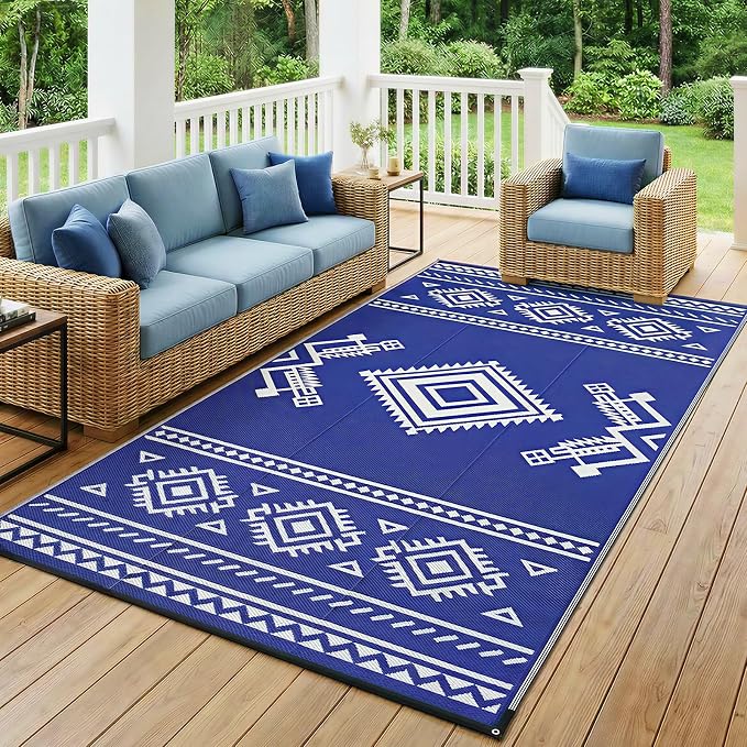 GOTGELIF 9x12 ft RV Camping Rug Waterproof, Large Reversible Bohemian Outdoor Plastic Straw Mat with Carry Bag, 4 Stakes & Seam, UV-Resistant Portable Carpet for Patio Pool Beach Deck (Blue & White) by Brandintroduction