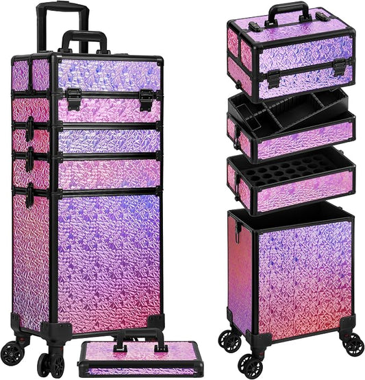 Rolling Makeup Train Case with Lid Cosmetology Case on Wheels | 5 in 1 Large Cosmetic Trolley Organizer Travel for Hairstylist Artist Nail Beauty Salon Barber Cart Trunk, Gravel Pink by Unknown