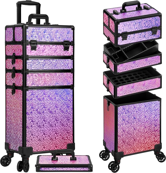 Rolling Makeup Train Case with Lid Cosmetology Case on Wheels | 5 in 1 Large Cosmetic Trolley Organizer Travel for Hairstylist Artist Nail Beauty Salon Barber Cart Trunk, Gravel Pink - Image 9