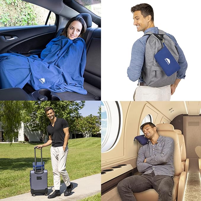BlueHills Premium Soft Lightweight Travel Blanket Airplane Warm - Navy Blue | Portable & Packable, Soft Zipper Case, Luggage Belt & Backpack Clip Included, Easily Foldable, Large Compact 70 X 56 Inches - Image 3