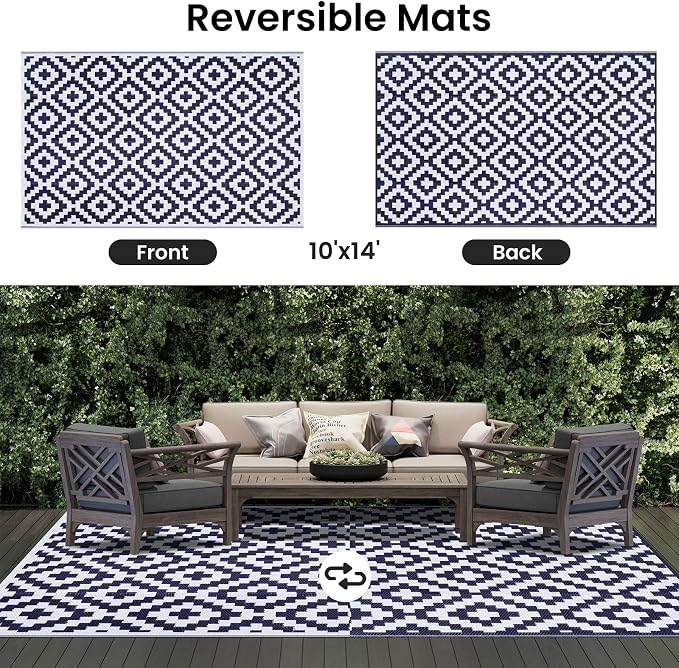 Smiry Waterproof Outdoor Rug 10X14 ft, Reversible Plastic Straw Patio Camping Rugs, Outdoor Indoor RV Mat Carpet for Patio, Outside Entry, Backyard, Deck, Bench, Picnic, Camper, White & Navy - Image 3