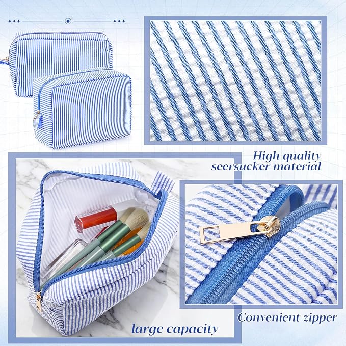 Sanwuta 10 Pcs Seersucker Cosmetic Bag Seersucker Makeup Bag Women Stripe Large Travel Toiletry Organizer Preppy Storage Pouch for Embroidery Wedding Bridesmaid Bride Mom (Navy Blue) - Image 3