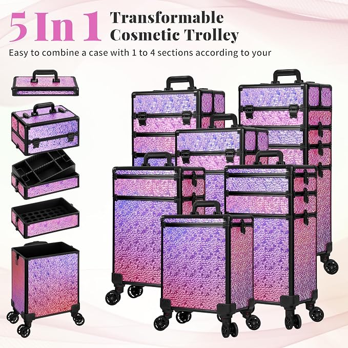 Rolling Makeup Train Case with Lid Cosmetology Case on Wheels | 5 in 1 Large Cosmetic Trolley Organizer Travel for Hairstylist Artist Nail Beauty Salon Barber Cart Trunk, Gravel Pink - Image 2