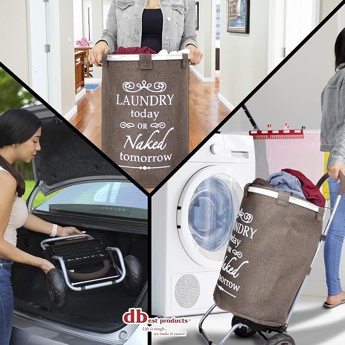 dbest products Laundry Trolley Dolly, Brown Laundry Bag Hamper Basket cart with wheels sorter - Image 2