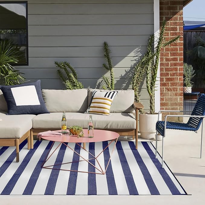 PureCozy Outdoor Waterproof Patio Rug 8x10 Plastic Straw Reversible Lightweight Outside Navy Blue Striped Large Carpet Outdoor for Camping RV Porch Deck Balcony Beach - Image 9