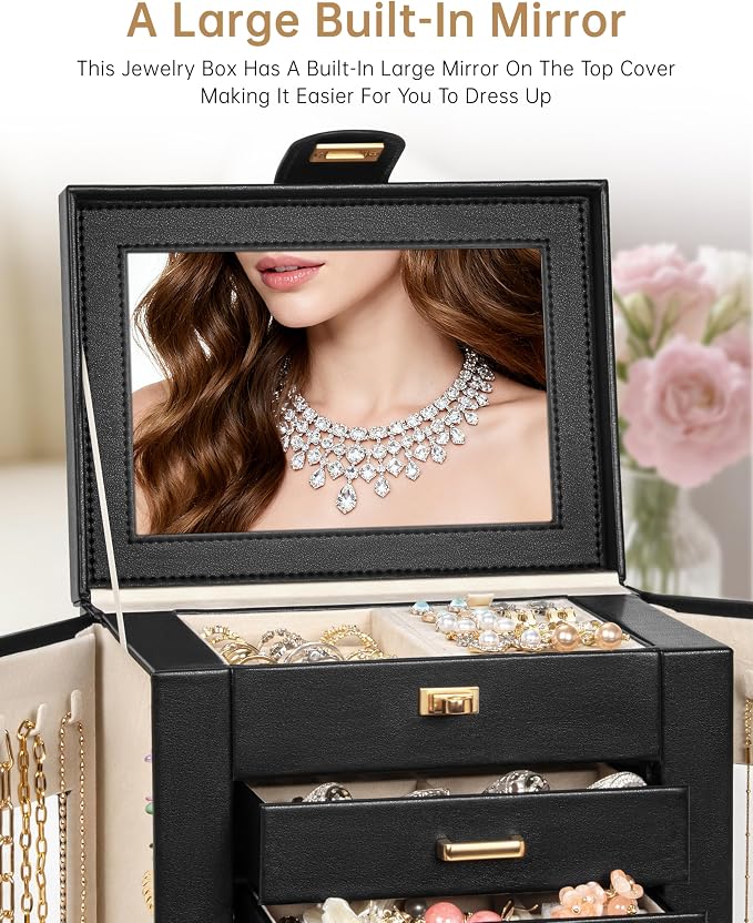 AKOZLIN 6-Tier Jewelry Box Organizer Functional 5 Drawers Leather Jewelry Storage Case for Women Girls Ring Necklace Earring Bracelet Holder Organizer with Mirror Black 360° Rotating - Image 4