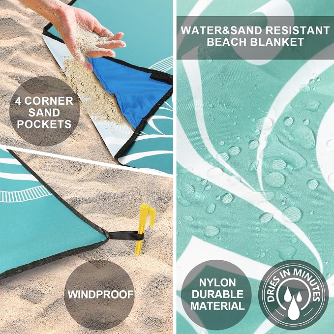 WIWIGO Beach Blanket Sandproof Extra Large Beach Mat Adults Waterproof Quick Drying Sand Free Mat Made by Premium Polyester with 4 Stakes & 4 Corner Pockets for Outdoor Travel Camping Hiking - Image 4