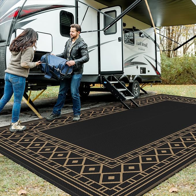 GENIMO Outdoor Rug, Waterproof Plastic Rugs 10'x14' for Camping Black Brown | Outside Larger Modern Carpet Mat for Porch Decor, Deck, Balcony, Camping, RV, Backyard, Picnic, Beach, Reversible - Image 3