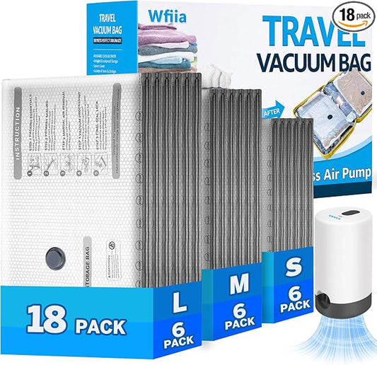 18 Packs Vacuum Bags for Travel with Rechargeable Pump, 3 Sizes Vacuum Seal Bags for Clothing, Compression Vacuum Travel Bags for Luggage, Vacuum Packing Bags for Closet Organization by Wfiia