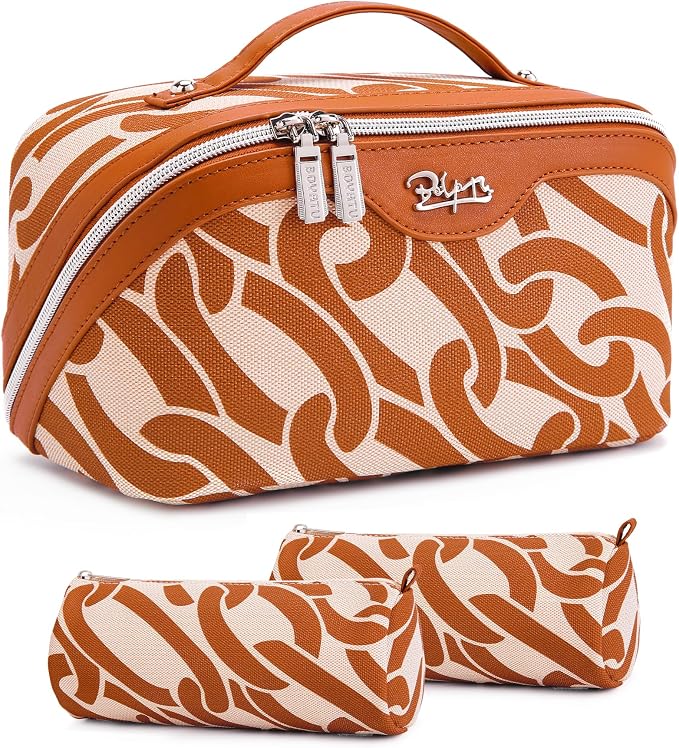 BOYATU Travel Makeup Bag for Women: Large Capacity 3-Piece Cosmetic & Toiletry Organizer - Expands Storage by 50% with 2 Detachable Pouches,Opens Flat for Easy Packing,Waterproof PU Leather(Orange) by BOYATU