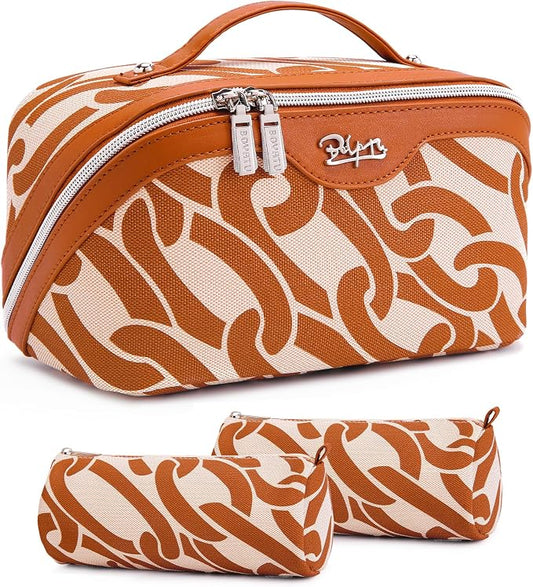 BOYATU Travel Makeup Bag for Women: Large Capacity 3-Piece Cosmetic & Toiletry Organizer - Expands Storage by 50% with 2 Detachable Pouches,Opens Flat for Easy Packing,Waterproof PU Leather(Orange) by BOYATU