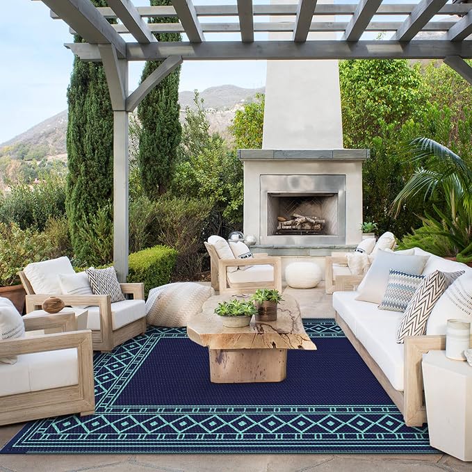 GENIMO Outdoor Rug, Waterproof Plastic Rugs for Patio, 5'x8' Blue Green | Outside Larger Modern Carpet Mat for Porch Decor, Deck, Balcony, Camping, RV, Backyard, Picnic, Beach, Reversible - Image 2