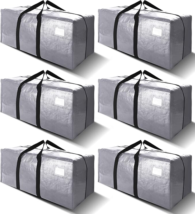 VELVETSURE Heavy Duty Extra Large Moving Bags W/Backpack Straps - Strong Handles & Zippers, Storage Totes For Space Saving, Fold Flat, Alternative to Moving Box and Storage Bin (Set of 6, Silver) by VELVETSURE