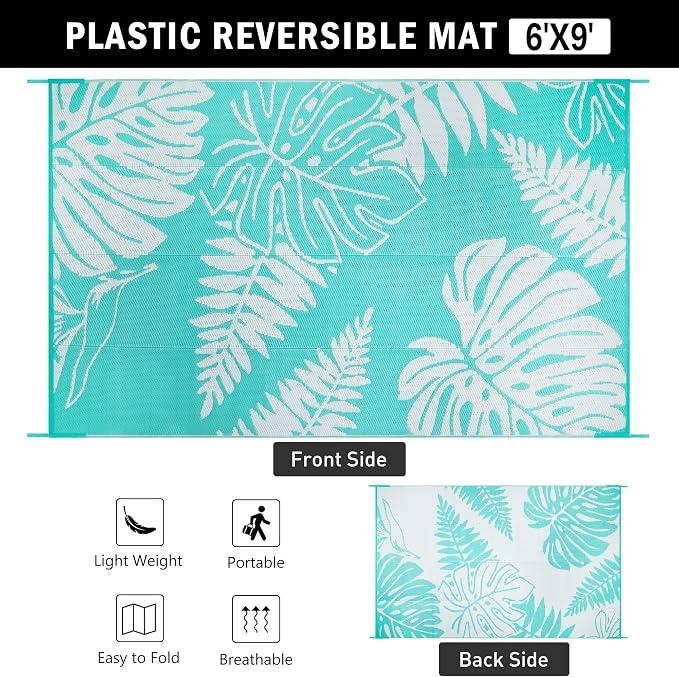 PureCozy Outdoor Plastic Straw Rug Leaf Waterproof Teal Blue Outside Patio 6x9 Carpet Tropical Reversible Mat Washable Large for Camping RV Porch Deck Balcony Beach - Image 6