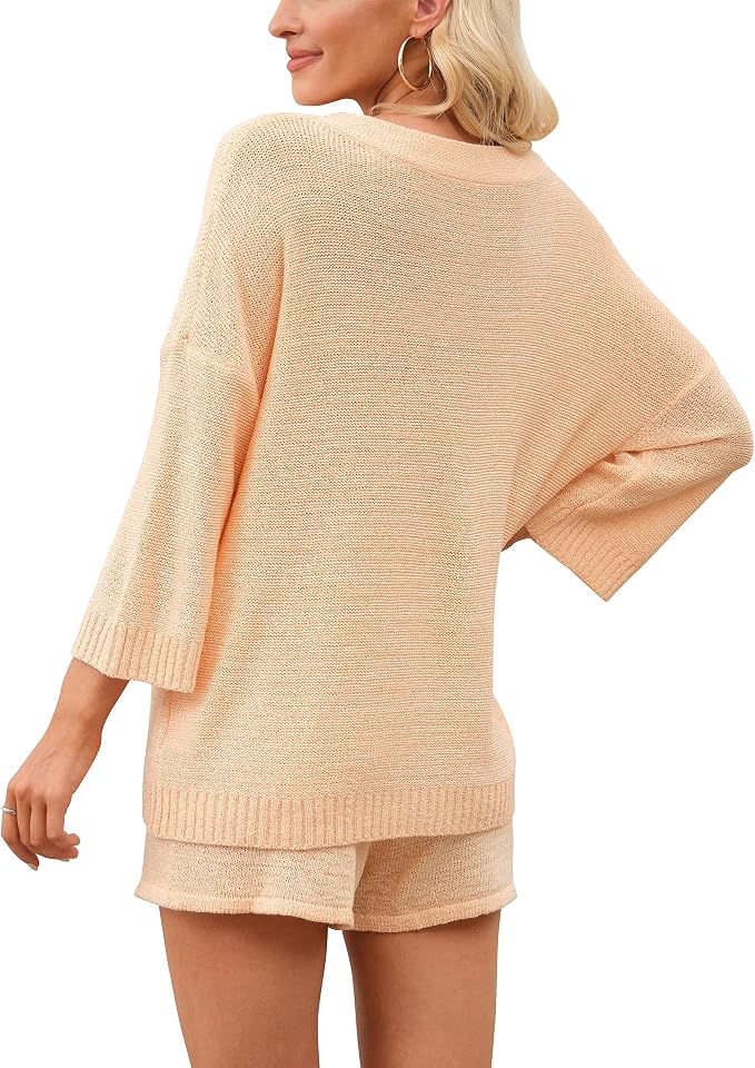 Ermonn Womens 2 Piece Outfits Sweater Sets Off Shoulder Knit Tops Waist Short Suits Casual Pajama Set - Image 3
