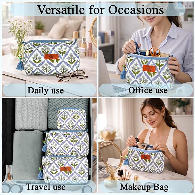 Ridhi Light Steel Blue Hand Block Printed Floral Toiletry Bag For Women 100% Cotton Quilted Set of 3 Waterproof Inner Lining, Cosmetic Jewelry Organizer, Travel Pouch, Essential Storage Purse Gifts - Image 5