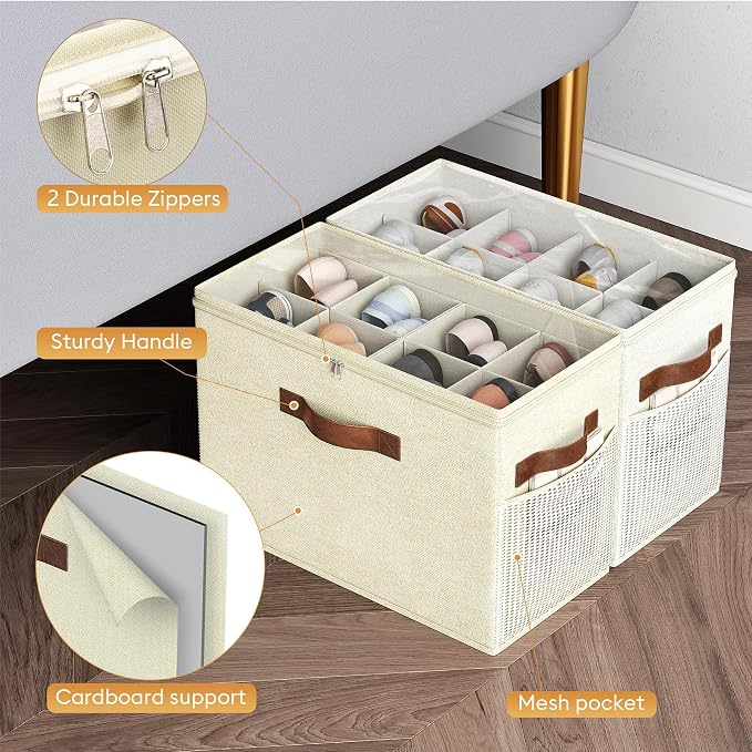 2 Pack Shoe Organizer for Closet, Foldable Shoe Storage with Adjustable | Farbic shoe storage organizer box bin with clear cover, fits up to 16 pairs, shoe storage box for closet, entryway, yellow - Image 6
