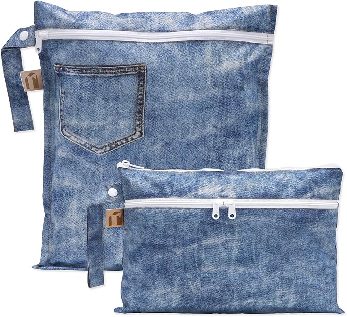 Bumkins Roamio Waterproof Wet Bag & Wet/Dry Clutch Set, Reusable Travel Organizers for Swim, Beach, Gym, Baby Gear, Cloth Diapers, Pump Parts, Pool, Toiletries, Machine Washable, Faux Denim 2-Pack by Bumkins