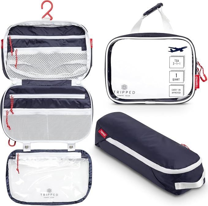 Toiletry Bag Kit 3 Piece Set: Hanging Travel Toiletry Bag + 311 TSA Cosmetic Liquid Bag + Accessory Organizer Pouch by TRIPPEDTravelGear