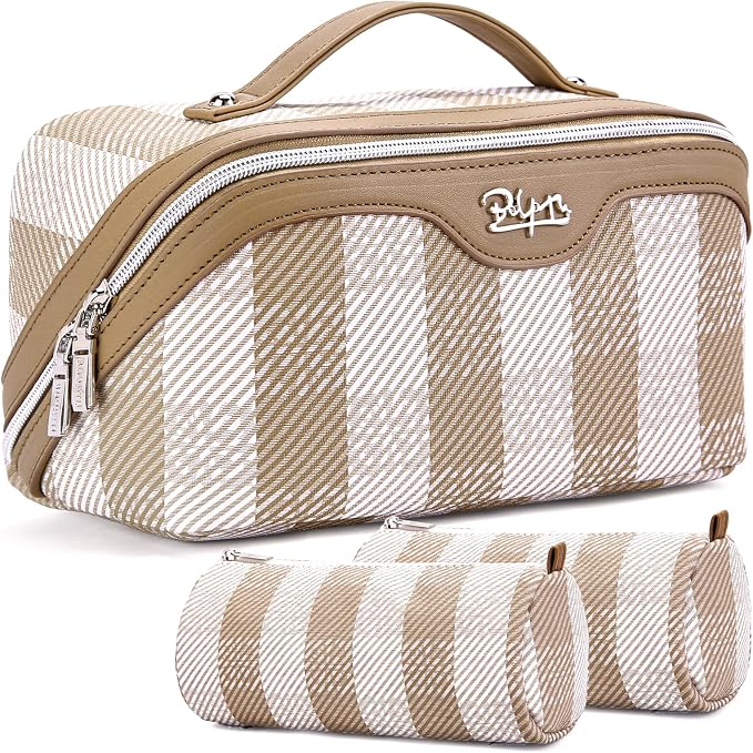 BOYATU Travel Makeup Bag Organizer Cosmetic Bag: 3 Pcs Set Make up Bags for Women with Handle - Waterproof Vegan Leather Toiletry Bags Travel Essentials Pouch with Compartments (F-04-Brown) by BOYATU