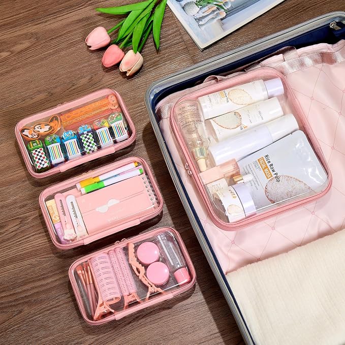 4 pcs Clear Zipper Pouches,Hard Shell Zipper Case, Toiletry Bag for Travel | CLear Diaper Bag, Toiletry Pouch, Travel Organizer, Cosmetic Bag,Toy Storage Bins (M+3S) (Light Pink) - Image 6