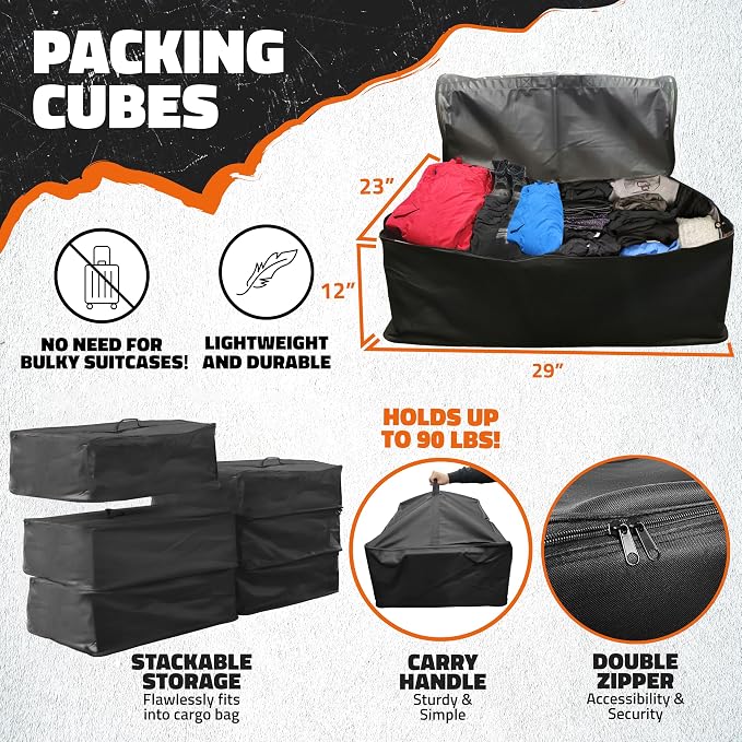 Mockins 30 CuFt Trailer Hitch Cargo Carrier Bag & Packing Cubes 29"x23"x12" | 60"x24"x36" Waterproof Cargo Bag for Hitch Carrier | Set of Vehicle Soft-Shell Carriers with 6 Cubes, 3 Buckle Straps & Lock - Image 5