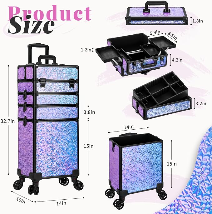 Rolling Makeup Train Case with Lid Cosmetology Case on Wheels | 5 in 1 Large Cosmetic Trolley Organizer Travel for Hairstylist Artist Nail Beauty Salon Barber Cart Trunk, Gravel Purple - Image 3