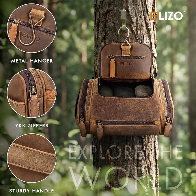 ELIZO Real Leather Toiletry Bag for Men - Large Hanging Travel Organizer for Toiletries, Ideal for Dopp Kit & Shaving Kit for Men, Essential Mens Travel Toiletry Bag for Toiletries (Grizzly) - Image 3