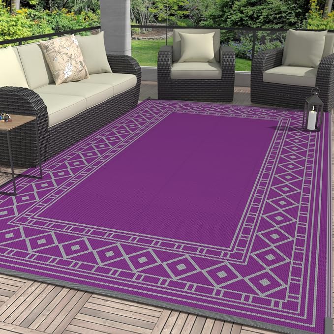 GENIMO Outdoor Rug, Waterproof Plastic Rugs for Patio, 6'x9' Purple Grey | Outside Larger Modern Carpet Mat for Porch Decor, Deck, Balcony, Camping, RV, Backyard, Picnic, Beach, Reversible by GENIMO