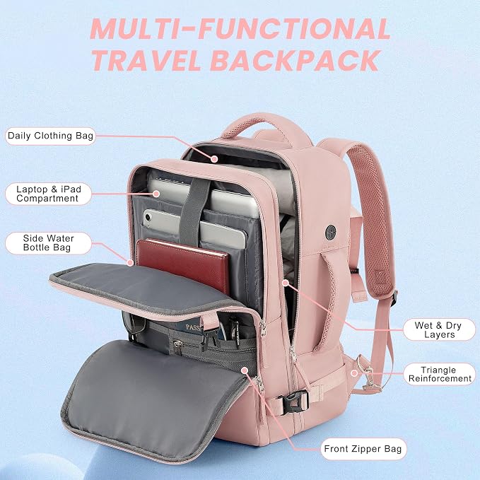 Sinaliy Travel Backpack, Carry on Flight approved Travel Bag with Multi-Pockets, Waterproof 17.3inch Laptop Backpack for Men Women, Pink | Waterproof 17.3 Inch Laptop Backpack with Multi-Pockets, Personal Item Travel Bag for Women Work, College, Busine... - Image 4
