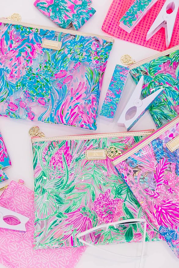 Lilly Pulitzer Water Resistant Vinyl Beach Day Pouch, Zipper Bag Includes Drink Hugger, Small Pouch, and Towel Clips - Image 4