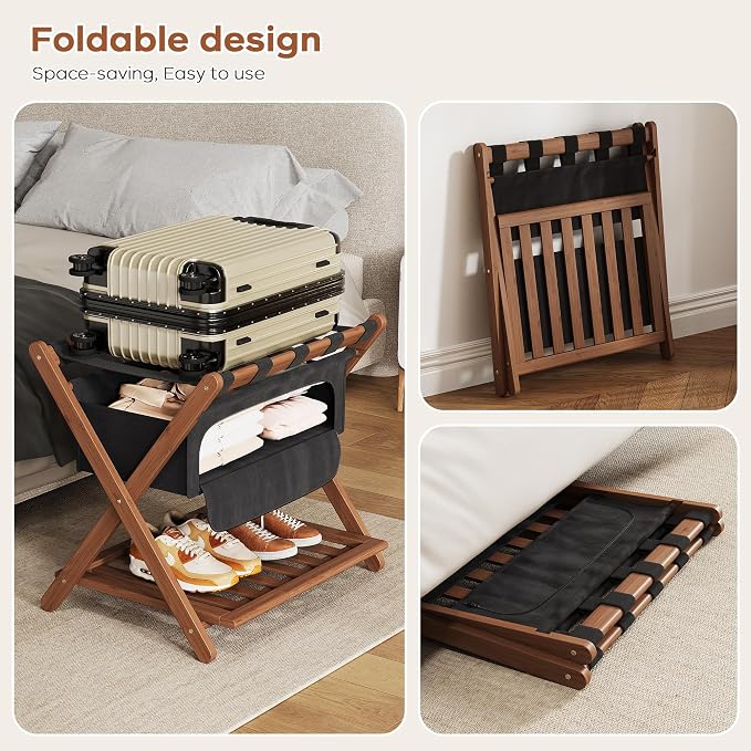 Full Assembled 26.77" L Luggage Rack for Guest Room, Set of 2 Foldable Suitcase Stand with 5 Nylon Straps & Cloth Bag, Luggage Stand Holder with Shoe Shelf for Suitcases Hotel (Walnut Bamboo) - Image 5