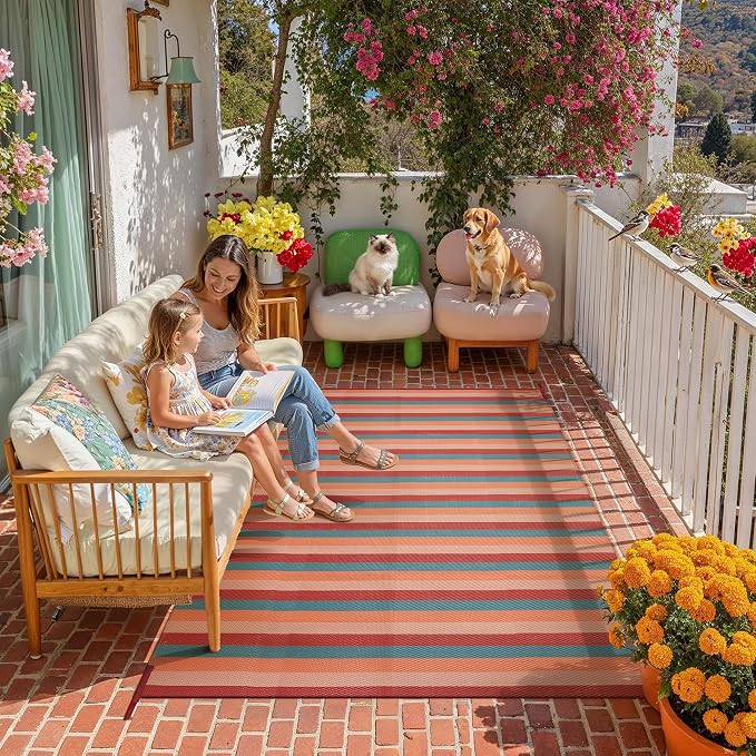 PureCozy Outdoor Waterproof Patio Rug 5x8 Plastic Straw Reversible Outside Orange Red Colorful Striped Carpet Lightweight Large Rug for Camping RV Porch Deck Balcony Beach - Image 2