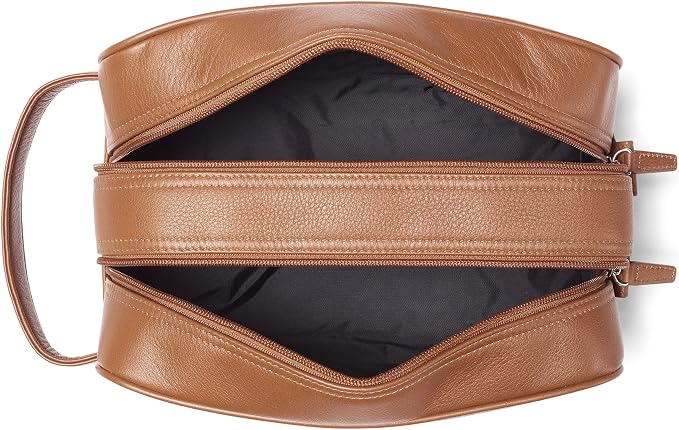 Leatherology Cognac Double Zip Toiletry Bag – Full-Grain Leather Men's Dopp Kit with Dual Compartments, Water-Resistant Lining & Top-Stitched Handle - Image 4