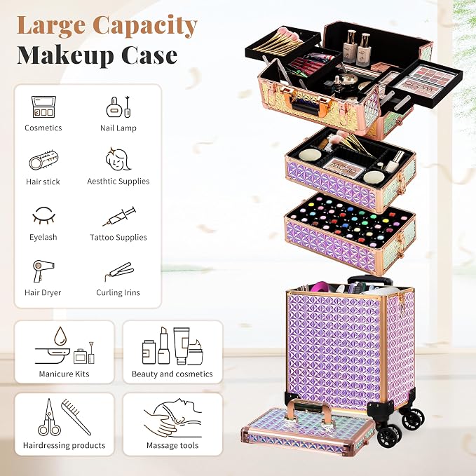 AROUS 5 in 1 Rolling Makeup Train Case with Lid Cosmetology Case on Wheels | Large Cosmetic Trolley Organizer with Keys Salon Barber Case Traveling Cart Trunk for Artist Hairstylists Nail Tech, Colorful - Image 4