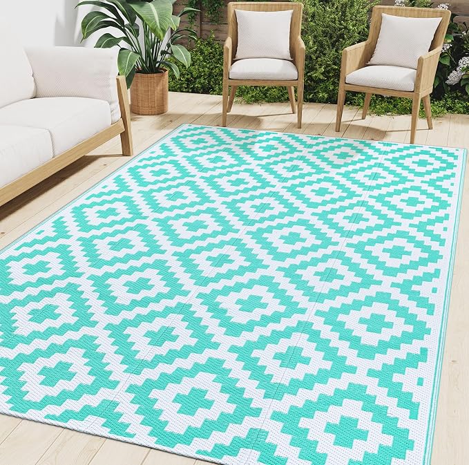 Smiry Waterproof Outdoor Rug 6x9 ft, Reversible Plastic Straw Patio Camping Rugs, Outdoor Indoor RV Mat Carpet for Patio, Outside Entry, Backyard, Deck, Bench, Picnic, Camper, White & Teal by Smiry