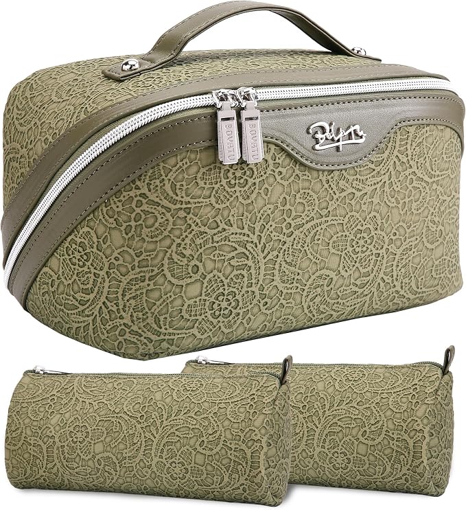 BOYATU Travel Makeup Bags Cosmetic Organizer Bag: 3 Pcs Set Large Capacity Make up Bag with Compartments - Waterproof Leather Toiletry Bags with Handle for Women (A-Green) by BOYATU