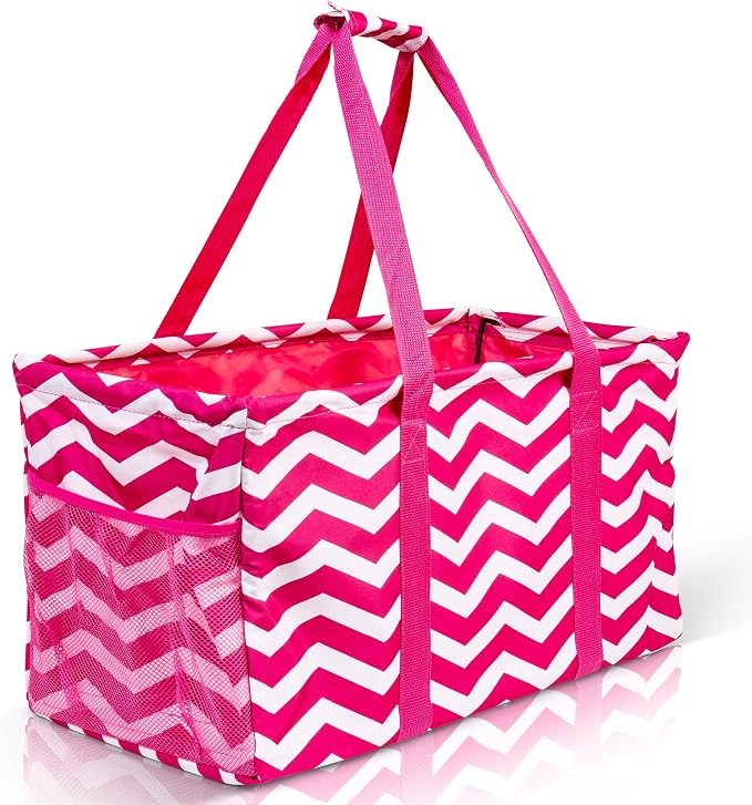 Extra Large Utility Tote Bag, Oversized Collapsible Reusable Wire Frame Rectangular Canvas Basket With Two Exterior Pockets For Beach, Pool, Laundry, Car Trunk, Storage - Chevron Pink by Lucazzi