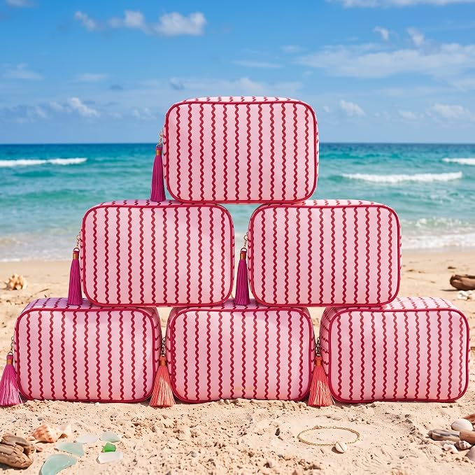 Kacctyen 6 Pack Raspberry Red and Light Pink Striped Makeup Bag bulk with Tassel Travel Cosmetic Pouch Organizer Large Zipper Toiletry Case for Women Aesthetic Storage Pouch Mahjong Tile Bag by Kacctyen