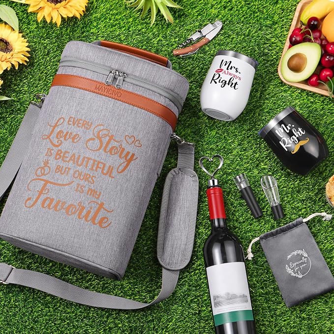 Anniversary Engagement Gifts for Men Women, Mr and Mrs Wine Tumblers Gifts Basket- Wedding Gifts for Couple, Bridal Shower, Newlywed, Husband, Wife - Insulated Wine Cooler Tote Bag w/Wine Accessories - Image 4