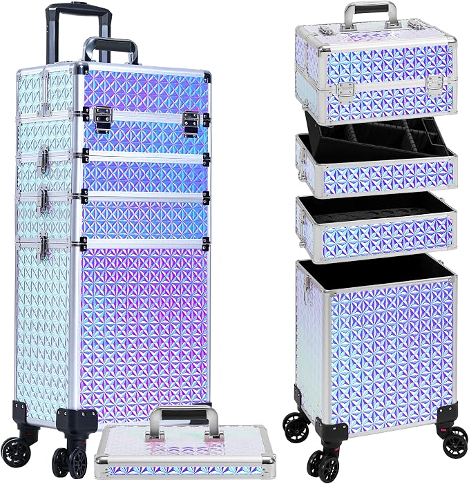 AROUS 5 in 1 Rolling Makeup Train Case with Lid Cosmetology Case on Wheels | Large Cosmetic Trolley Organizer with Keys Salon Barber Case Traveling Cart Trunk for Artist Hairstylists Nail Tech, Silver - Image 9