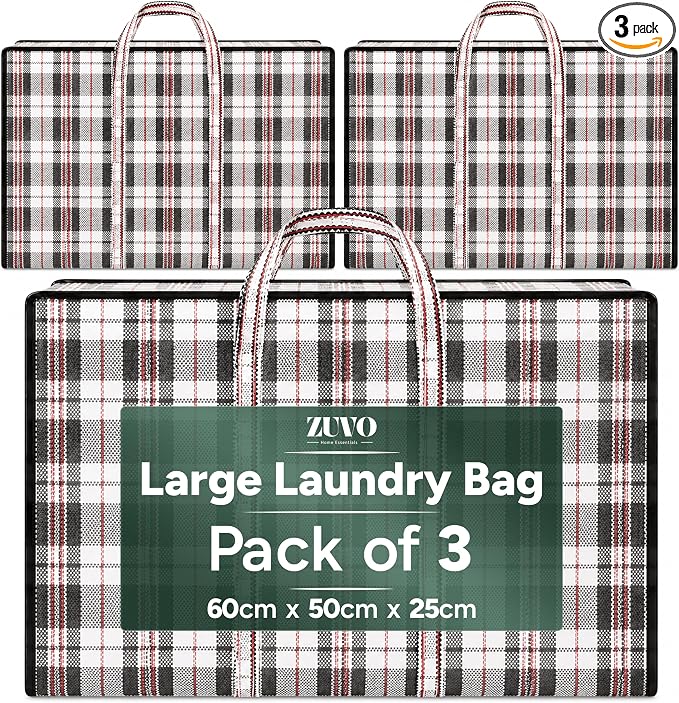 Extra Large Laundry Storage Checkered Shopping Bags 3 Pack, (60 x50 x25 cm) Strong and Durable Waterproof Moving Totes Carrying Bag With Zipper, Cloth Storage Handle Attached Reusable Luggage Bags by Zuvo