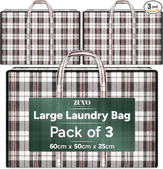 Extra Large Laundry Storage Checkered Shopping Bags 3 Pack, (60 x50 x25 cm) Strong and Durable Waterproof Moving Totes Carrying Bag With Zipper, Cloth Storage Handle Attached Reusable Luggage Bags by Zuvo