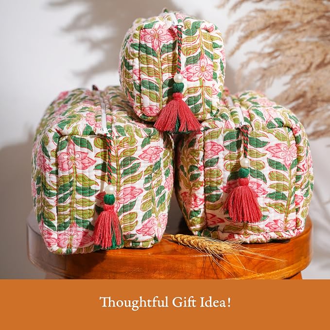 Saffron Marigold Quilted Makeup Bag Set of 3, Hand Block Printed Cotton Cosmetic Bags for Women, Waterproof Lined Travel Toiletry Bag, Coquette Aesthetic, Handmade Gift, Madagascar Periwinkle Vanilla - Image 7