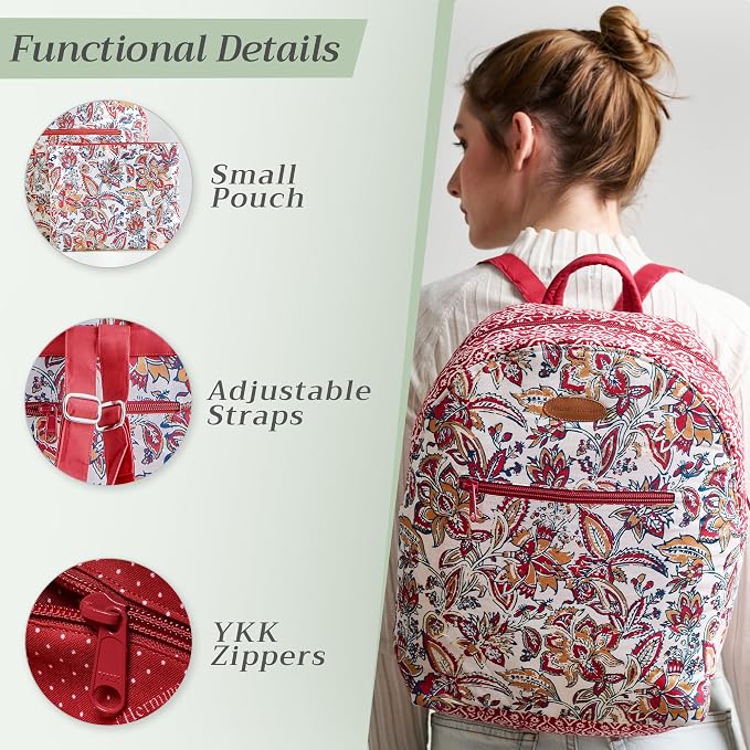 Maison d' Hermine Backpack for Women Men Cotton Shoulder Multipurpose Rucksack with Small Pouch Lightweight Multi Pocket Bag for Travel Work Beach Perfect for Spring Summer (Kerala - Red) - Image 4