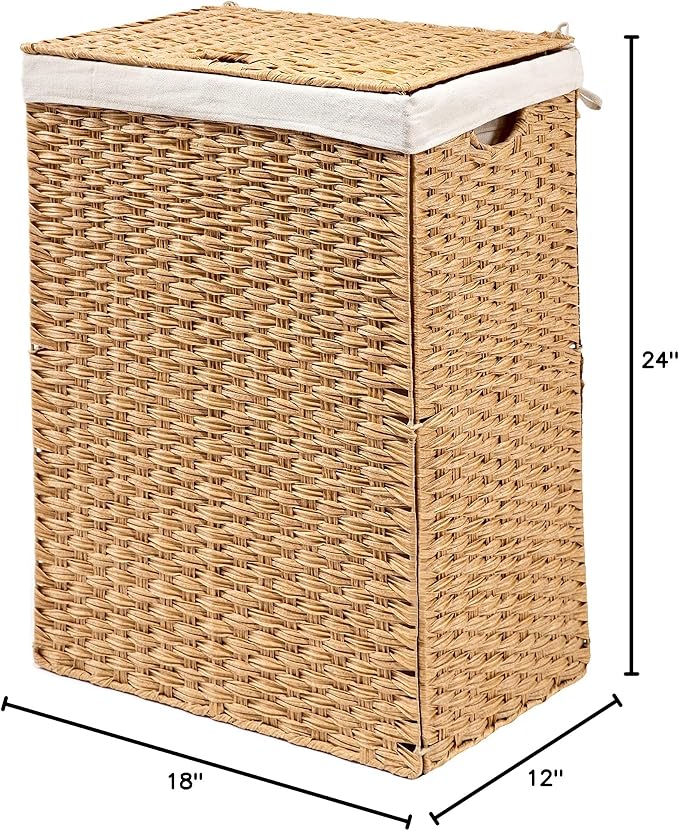 Seville Classics Premium Handwoven Portable Laundry Bin Basket with Carrying Handles, Household Storage for Clothes, Linens, Sheets, Tan, Rectangular Hamper - Image 7