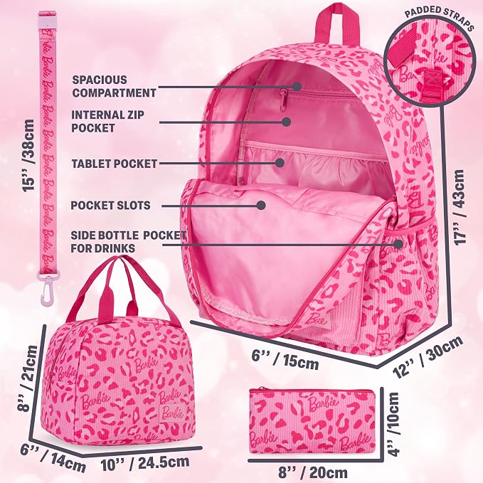 Get Trend Barbie Girls Corduroy Backpack 4 Piece Set | 17 inch Bookbag with Laptop Pocket, Insulated Lunch Bag, Pencil Case & Lanyard, Back to School Gifts for Girls - Image 3