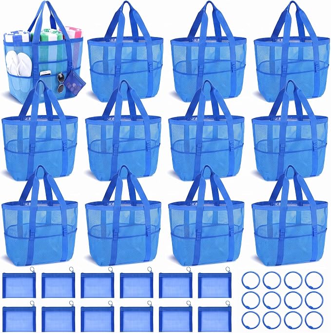 Hillban Large Mesh Beach Bag Bulk for Women Waterproof Sandproof Pool Tote Bag with 8 Pocket Small Zipper Pouch with Ring by Hillban